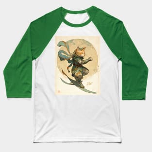 Fantasy Samurai Cat Surfer Art Nouveau Baseball T-Shirt